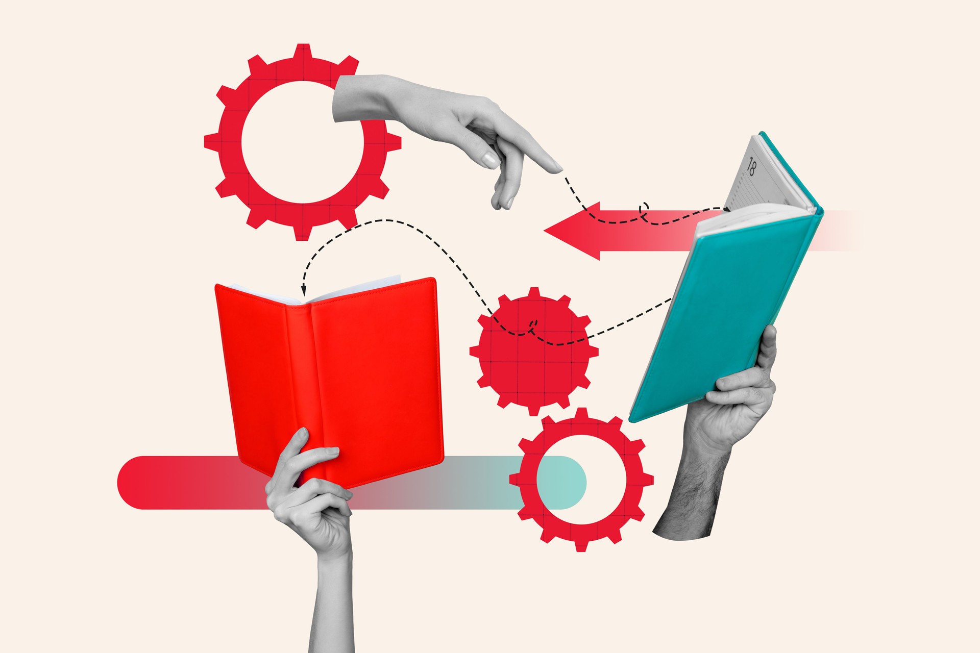 Composite photo collage of hand hold book development gearwheel optimization target education success isolated on painted background